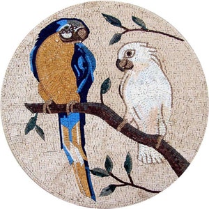 Mosaik Medaillon - Ara und weißer Papagei