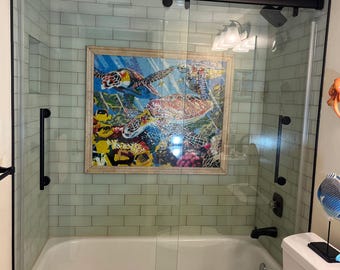ウミガメのモザイクタイルアート：手作り大理石の壁飾り（32インチ×28
