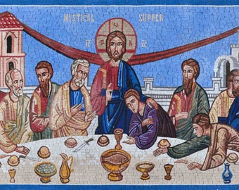 May include: A mosaic artwork depicting the Last Supper, with Jesus Christ at the center of the table surrounded by his disciples. The scene is set in a room with a blue ceiling and a red cloth draped over the table. The artwork is titled "Mystical Supper".