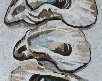 ウミガメのモザイクタイルアート：手作り大理石の壁飾り（32インチ×28