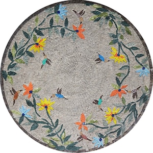 Mosaic Medallion Birds Art Round Floor Medallion Tree Art For Home Decoration