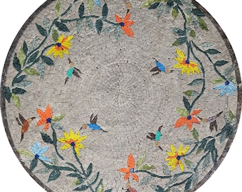 Handmade Marble Mosaic Medallion: Birds & Floral Tree Art (23x23 Inch)