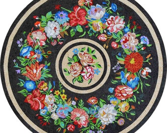 Floral Marble Mosaic Medallion: Handmade Living Room Art (83x83 Inches)