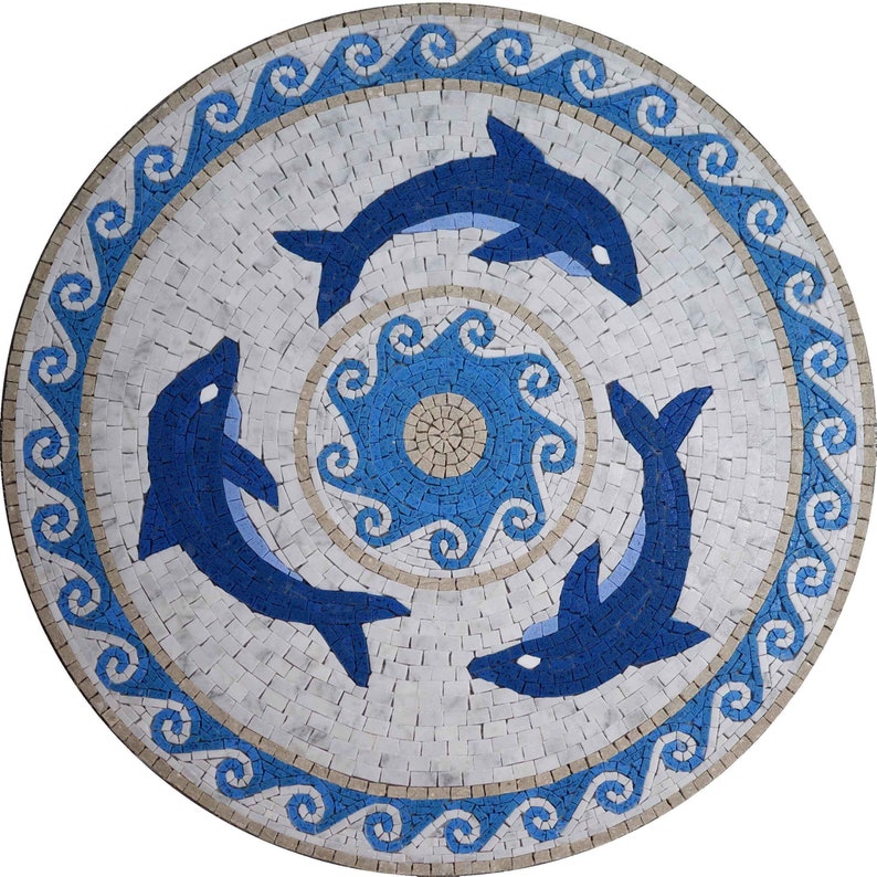 Dolphins Mosaic Mosaic Medallion For Pool Decoration Dolphin Wall Art Mosaic image 1