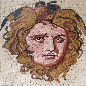 May include: A mosaic artwork depicting the face of a person with long, curly hair. The mosaic is made of small, colourful tiles, creating a textured and detailed image.