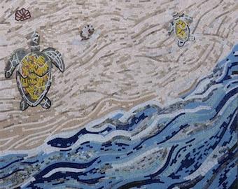 ウミガメのモザイクタイルアート：手作り大理石の壁飾り（32インチ×28