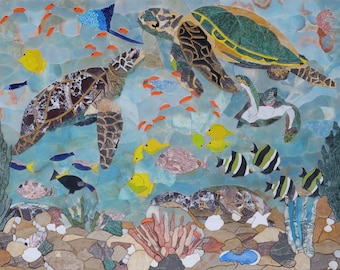 美品 ウミガメのタイルアート ウミガメのモザイクタイルアート：手作り大理石の壁飾り（32インチ×28