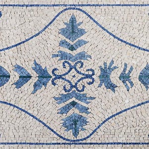 Handcrafted Blue and White Marble Mosaic Runner: Geometric Floor Art