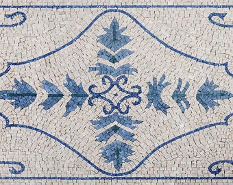 Handcrafted Blue and White Marble Mosaic Runner: Geometric Floor Art