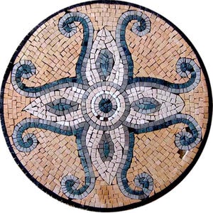 May include: A round mosaic tile with a floral design. The center of the tile features a large flower with a blue and white center. The flower is surrounded by four smaller flowers, each with a blue and white center. The tile is made of small, square tiles in shades of beige, white, blue, and gray.