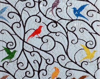 Colorful Glass Birds Mosaic Mural