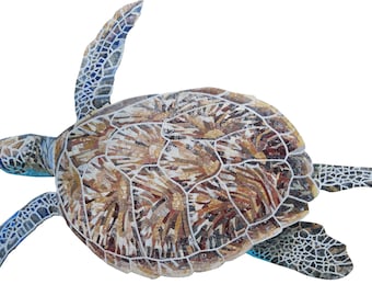 ウミガメのモザイクタイルアート：手作り大理石の壁飾り（32インチ×28