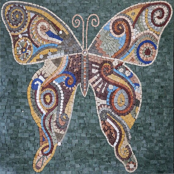 【ハンドメイド・一点物】モザイクタイル、タイルアート、花、蝶、風景画 カラフルな蝶のモザイクアート作品 - 鮮やかなホームデザインのための
