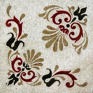 Könnte beinhalten: Eine quadratische Mosaikfliese mit einem dekorativen Design mit roten, schwarzen und braunen floralen Mustern auf weißem Hintergrund.