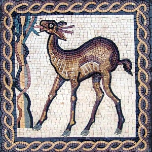 May include: A mosaic tile artwork depicting a brown deer with a long neck and long legs, eating from a leafy plant. The deer is surrounded by a decorative border of intertwined ropes in shades of brown, blue, and white.