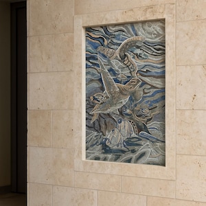 Handgemachte Marmor Mosaik Tile Art: Meeresschildkröten & Fische - 60 x 100 cm