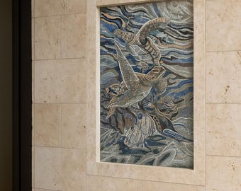 Handmade Marble Mosaic Tile Art: Sea Turtles & Fish - 25x41 Inch