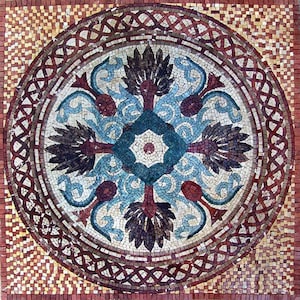 May include: A circular mosaic tile with a geometric pattern in shades of red, blue, brown, and white. The center of the tile features a stylized flower design.