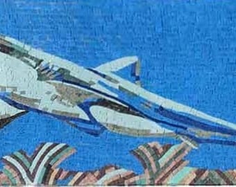 May include: A mosaic depicting an underwater scene with various marine life. The artwork features a shark, octopus, seahorse, and other fish against a blue background, with coral and plant life at the bottom.