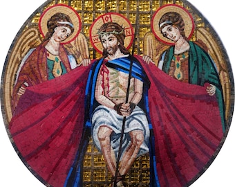 Marble Mosaic Mural – Christ and Angels Religious Artwork, Customizable Wall Art for Spiritual Interiors