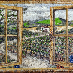 May include: A mosaic artwork depicting a window with two open panes, showcasing a view of a vineyard with rolling hills and a small house in the distance. The mosaic is made of small, colourful tiles, creating a textured and detailed image.