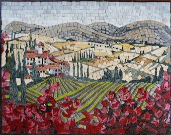 Mosaico di design paesaggistico per il backsplash della cucina, mosaico artistico da parete per soggiorno, mosaico in marmo ispirato al villaggio