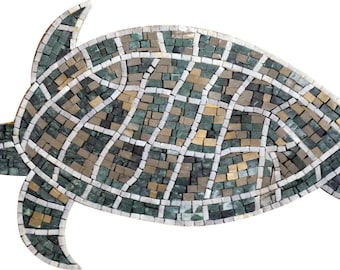 ウミガメのモザイクタイルアート：手作り大理石の壁飾り（32インチ×28