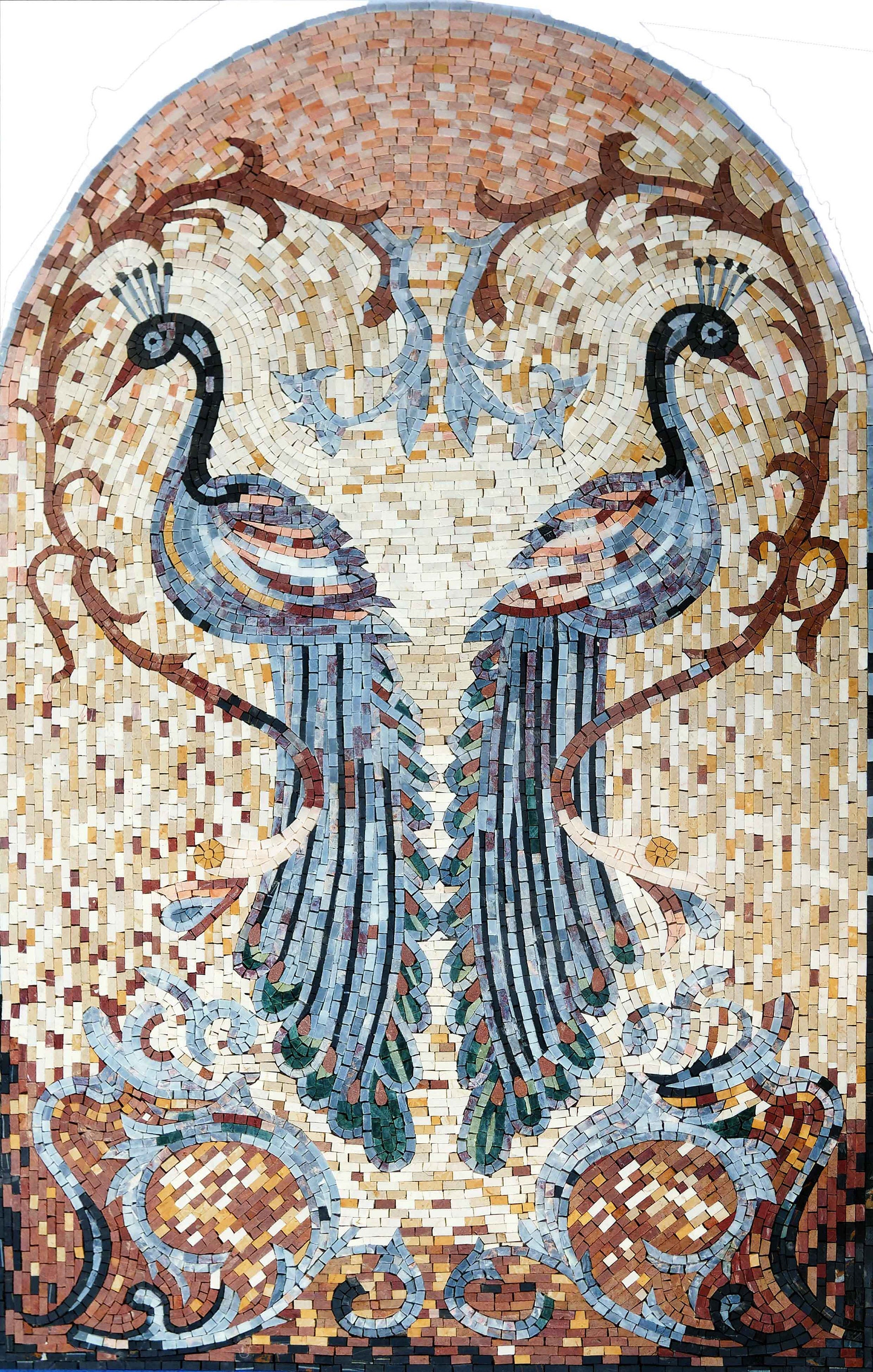 Handmade Marble Mosaic Artwork: Two Blue Peacocks Wall Art (28x43 inch)