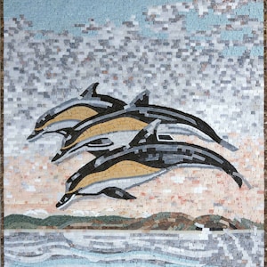 Handmade Nautical Mosaic Wall Art - Sunset Dolphins Ocean Scene - Coastal Home Decor