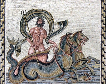 Arte mosaico de Neptuno, mosaico de azulejos cortados hechos a mano, decoración del hogar para sala de estar, decoración de pared artística histórica