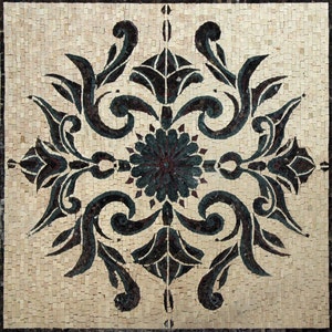 Könnte beinhalten: Ein schwarz-weißes Mosaikfliesen-Design mit einem floralen Muster. Das Design zeigt eine zentrale Blume mit vier umliegenden Blättern. Die Fliese besteht aus kleinen, quadratischen Steinchen.