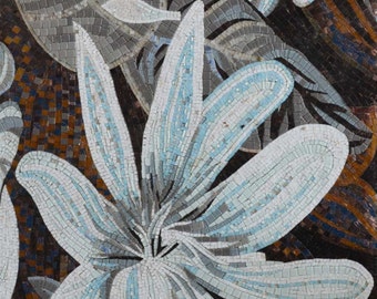 Glass Mosaic Art - White & Blue Flowers