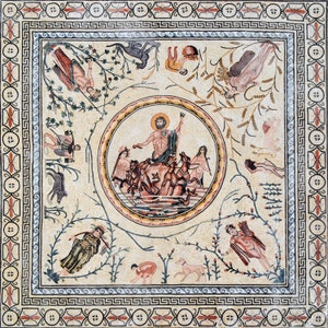 May include: A colourful mosaic depicting a scene from Greek mythology. A central figure, likely Poseidon, stands on a chariot pulled by seahorses. Surrounding him are various figures and animals, including a lion, a panther, and a bird. The mosaic is set within a square frame with a decorative border.