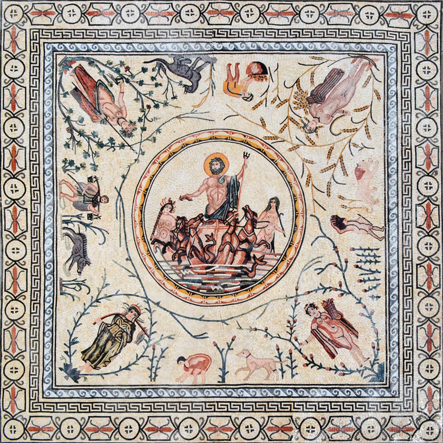 Roman Reproduction Mosaic Neptune & The Four Seasons Marble Stone Handmade Tile Wall Decor - Ms012
