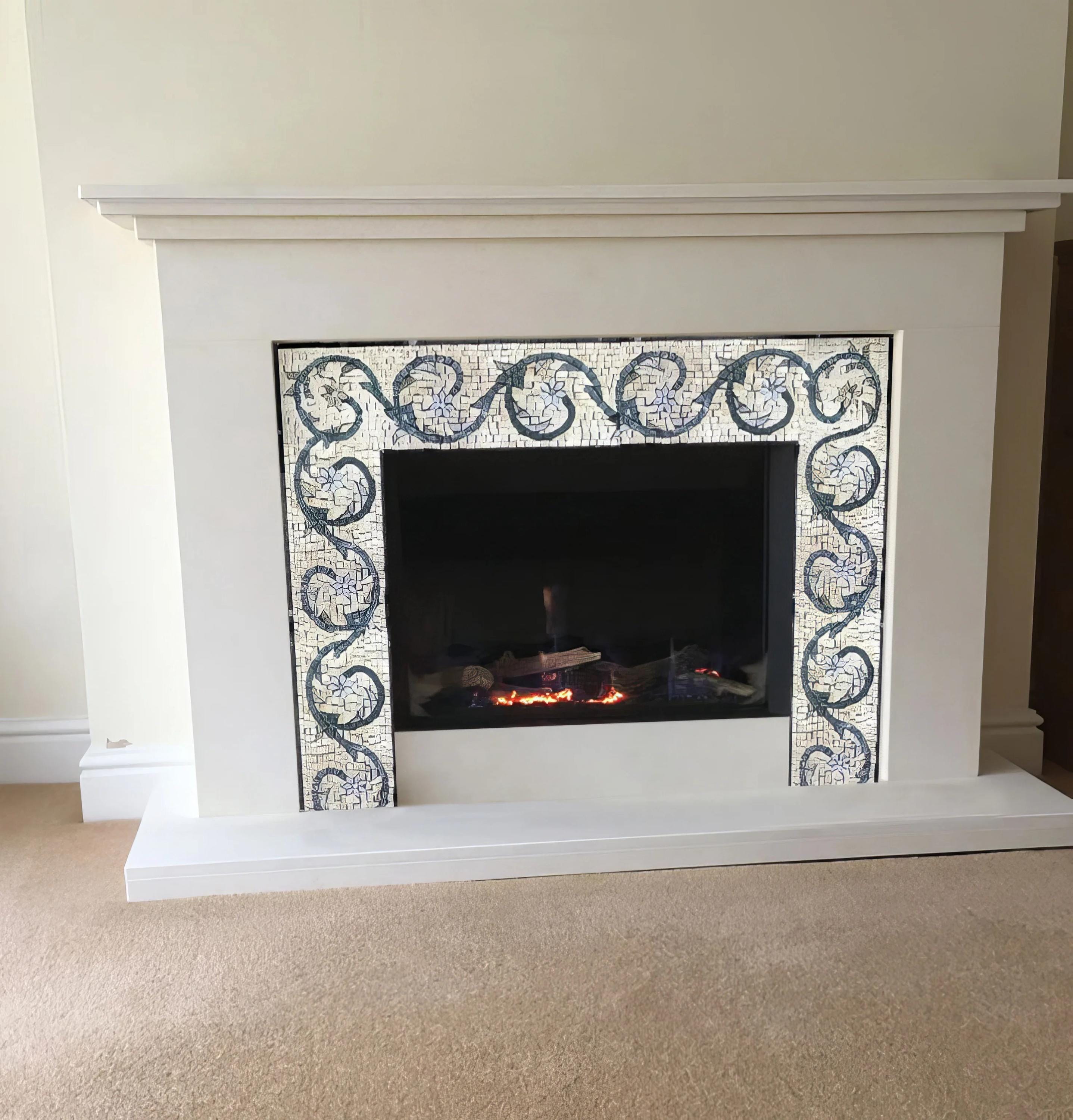 Mosaic Fireplace – Vine Pattern Design, Handcrafted Tile Surround for