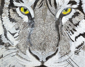 Tiger Mosaic Wall Decor - White Tiger Handcrafted Marble Mosaic Art For Living Room Decor