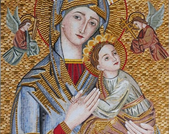 May include: A mosaic artwork depicting a religious figure holding a child, both with halos. The figure wears a blue robe with gold accents and a crown. Two angels with wings are on either side. The background is gold.