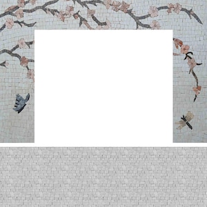 Könnte beinhalten: Ein weißer Rahmen mit einem Mosaikrand aus rosa Blumen, Schmetterlingen und Libellen. Der Rahmen ist vor einem weißen Hintergrund platziert.