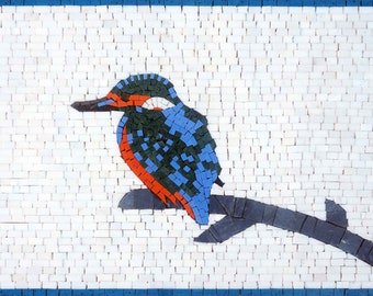 Vibrante arte de mosaico de pájaro martín pescador para decoración de pared para protector contra salpicaduras de cocina