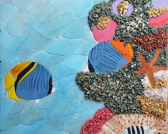 ウミガメのモザイクタイルアート：手作り大理石の壁飾り（32インチ×28