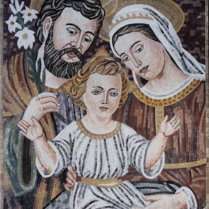 Holy Family Portrait - Sacred Religious Mosaic Artwork, Handcrafted Christian Home Decor, Spiritual Wall Art