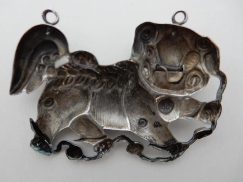 Qilin China Element of Sterling Silver set representing the dog of Fo Antique Chinese silver Qilin lucky Talisman