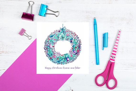 wreath christmas card blue xmas card mum and dad christmas etsy purple christmas cards