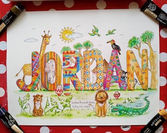 Custom Name Painting, Personalised Childrens Jungle Watercolour Painting.