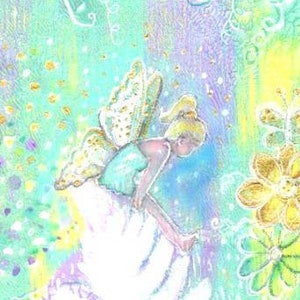 Fairy Watercolour Painting, Gelli Printed Background. Original Art with gold. image 2