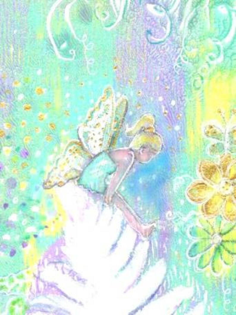 Fairy Watercolour Painting, Gelli Printed Background. Original Art with gold. image 2