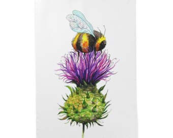 Bee on Thistle Tea & Kitchen Towel, Watercolor Art Design.