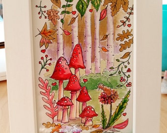 Toadstool Woodland Watercolour with Mouse and Gold Shimmer Sparkles.