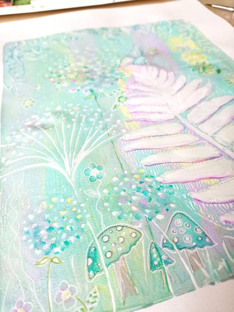 Fairy Watercolour Painting, Gelli Printed Background. Original Art with gold. image 8