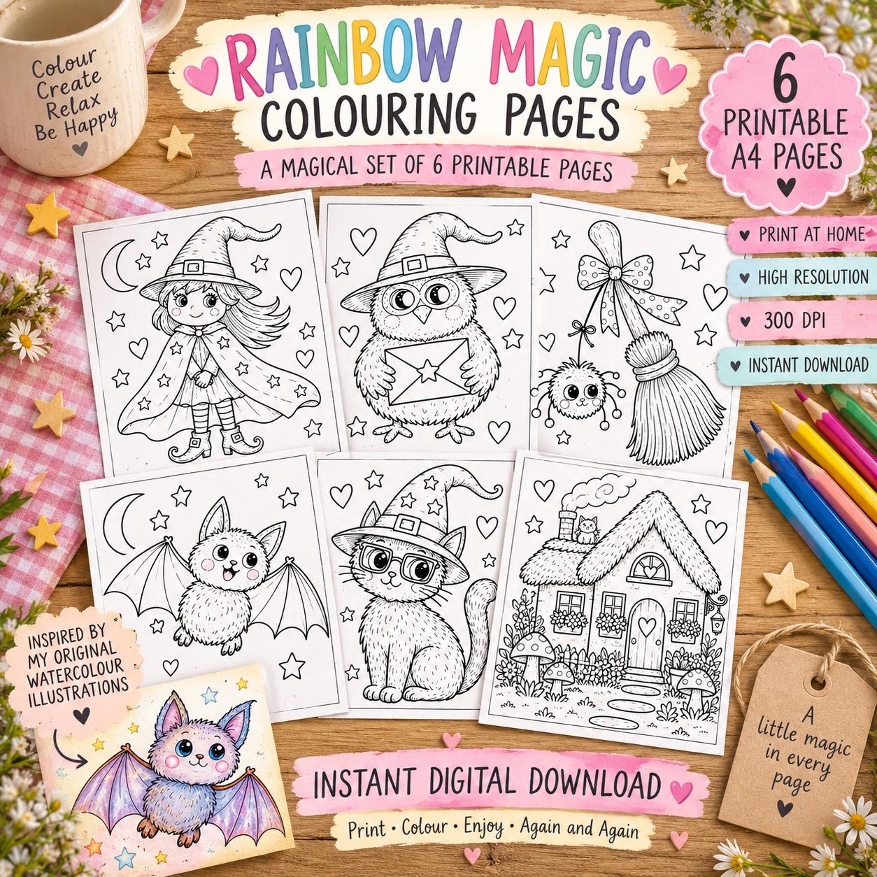 Rainbow Magic Witch, Owl, Cat, Bat Colouring Pages (6 A4 Sheets)